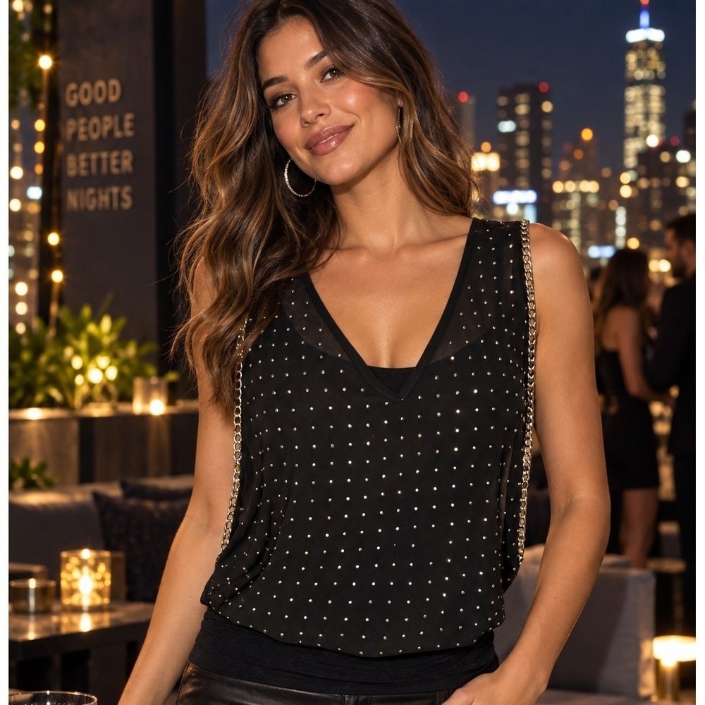 Bebe Black Rhinestone Studded Chain Trim Sleeveless Ruched Top Small